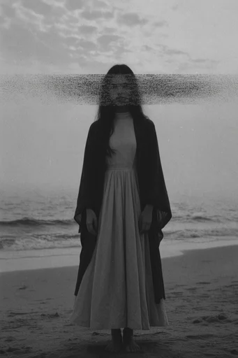 Distressed Monochrome Surrealism style reference image — obscured subject