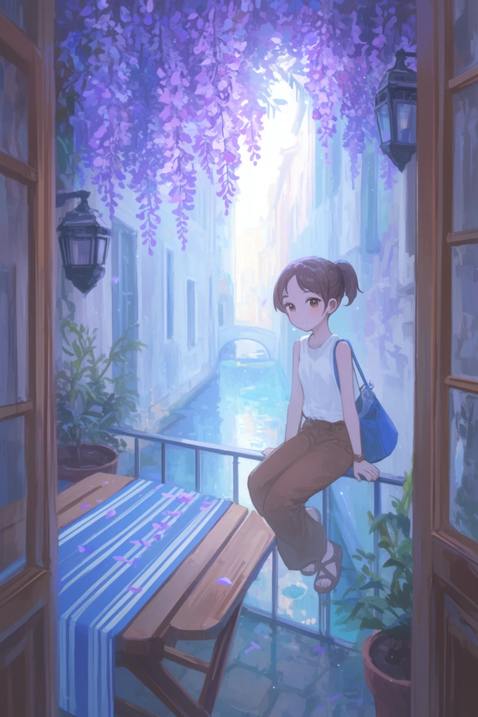 A young girl with a short brown ponytail sits on a balcony railing overlooking a brightly lit canal. She wears a sleeveless white top, brown pants, and carries a blue bag, looking gently toward the viewer. Heavy clusters of vibrant purple wisteria hang overhead, contrasting with the soft, ethereal light flooding the narrow waterway. To the left sits a wooden patio table draped with a blue and white striped runner dusted with fallen wisteria petals. The scene includes dark lanterns, potted plants, and wooden doorframes framing the cozy space. The digital illustration features a painterly anime aesthetic, delicate brushstrokes, a cool pastel color palette of blues and purples, and dreamy atmospheric lighting.
