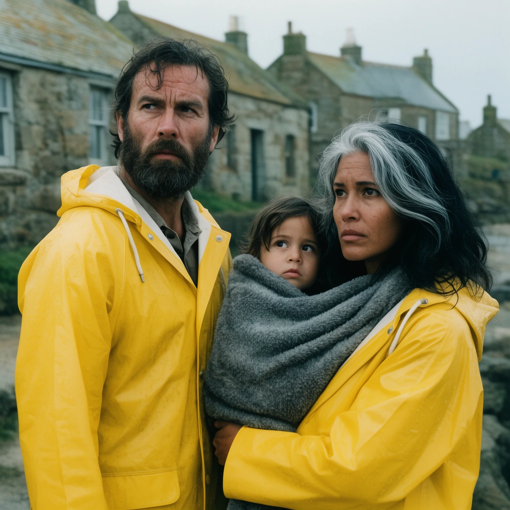 A bearded man and a woman with silver-streaked black hair wearing bright yellow rain slickers gaze intently off-camera. The woman carries a child wrapped in a thick grey blanket. Weathered stone coastal cottages form a softly blurred background in this cinematic 35mm film photograph with soft overcast lighting.