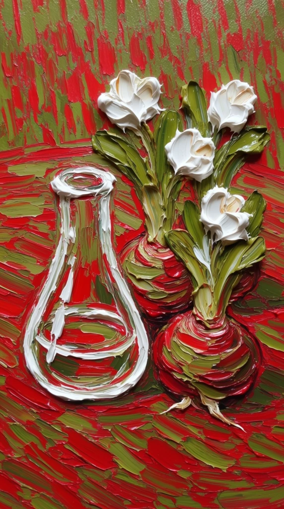 A heavy impasto oil painting depicts a glass flask and several bulbous roots with sprouting leaves and flowers sitting on a textured surface, rendered entirely in thick, sculptural palette knife strokes. The composition is built from highly saturated, rhythmic slashes of vivid crimson, olive green, and stark white paint that stand out in three-dimensional relief. The glass flask is formed by concentrated, bright white ridges of paint delineating its curved edges against the vividly colored environment. Clustered nearby, the bulbous roots are shaped by dense, swirling layers of deep red and olive green impasto, from which jut thick, tactile strokes of green paint representing sprouting leaves. The flowers are rendered as prominent, heavy clumps of stark white paint. The supporting surface and the surrounding background consist of dynamic, sweeping patterns of short, interwoven crimson and green paint slashes. The physical peaks and valleys of the glossy, wet-looking paint create actual shadows across the canvas, resulting in a deeply textured, tactile, expressionist aesthetic with bold color blocking and energetic, directional marks.