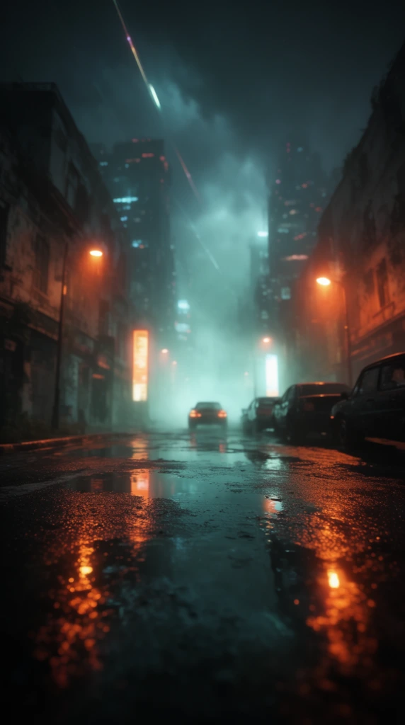 A low-angle perspective of a rain-soaked futuristic street bathed in dramatic neon lighting. Wet asphalt fills the foreground, with deep puddles vividly reflecting warm orange and icy teal illumination. Silhouetted vehicles line the right curb, while a lone car fades into heavy cyan fog down the center. Street lamps and glowing vertical panels cast vibrant orange halos against decaying building facades. Towering skyscrapers disappear into dense, glowing mist beneath a stormy night sky streaked with distant light trails. A shallow depth of field sharply focuses the glossy pavement while blurring the distant dystopian architecture.