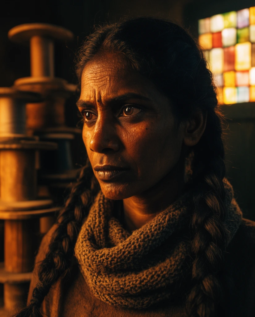 Extreme close-up of a rugged South Asian woman staring intensely to the left. She features a weathered complexion, dark eyes, and thick braided hair, wearing a heavy knitted cowl scarf. Dramatic, warm directional lighting illuminates the left side of her face, casting deep shadows on the right. The dark, shallow-focus background contains towering wooden spools on the left and a glowing square stained-glass window on the right. Cinematic framing with a high-contrast amber color palette.