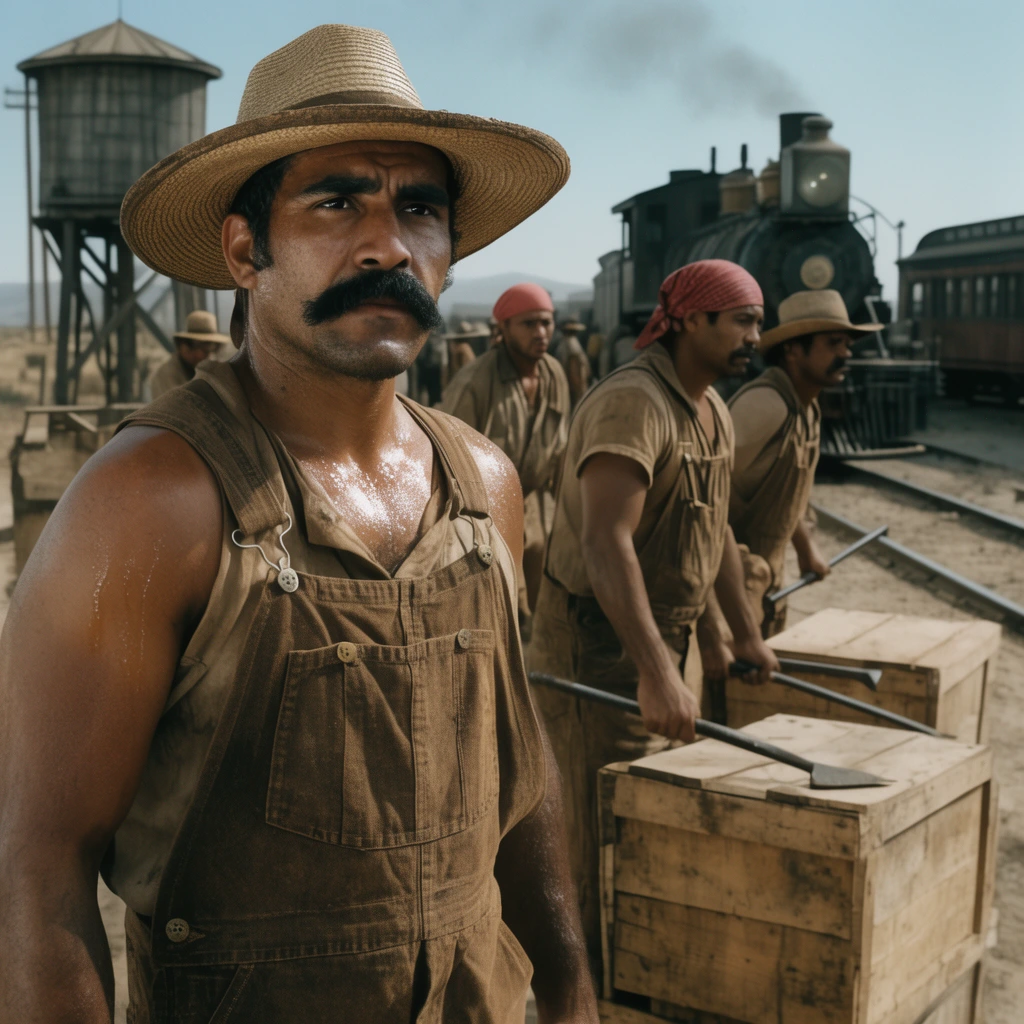 Cinematic mid-shot of sweaty laborers on a dusty train platform. In the foreground, a rugged Hispanic man with a thick mustache, brown canvas overalls, and a wide straw hat gazes intently off-camera. Behind him, men in similar workwear and bandanas grip heavy wooden crates and iron pry bars. The background features an arid landscape, a wooden water tower, and a vintage locomotive under a clear sky. The scene features harsh natural lighting and a gritty, historical film aesthetic.