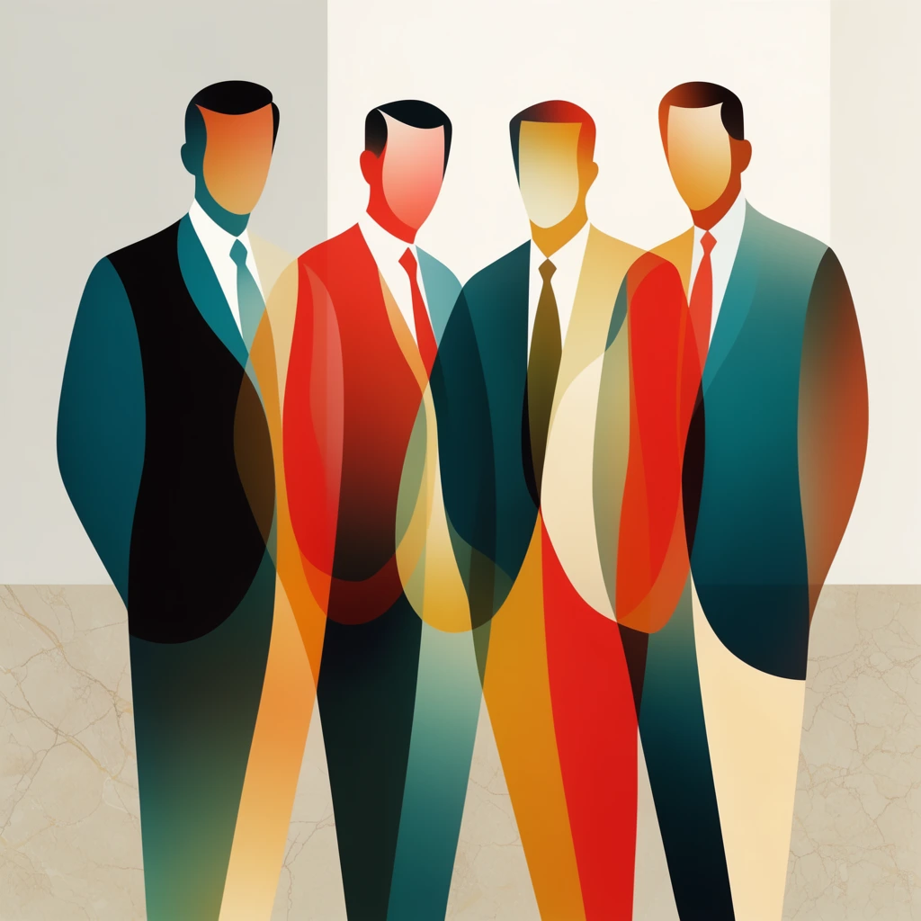 Four men in suits and ties depicted through abstract, interlocking curvilinear shapes and translucent color overlays. The tightly packed figures are stylized with elongated silhouettes, their forms overlapping to create intersecting geometric zones of blended hues. Sharp, sweeping vector-like boundaries define the suits, lapels, and ties, containing soft internal gradients in a vibrant mid-century modern palette of deep teal, stark black, vivid cadmium red, goldenrod, and warm cream. The overlapping flat planes utilize a translucent multiply-blend effect, abstracting the anatomy and clothing into smooth organic arcs. The background consists of flat, minimalist color blocks in off-white and pale grey, resting on a base section featuring a subtle beige marbled texture with delicate, fine veining.