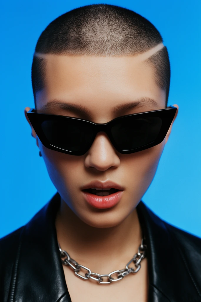 close-up portrait, person with buzz cut and shaved line, dark angular sunglasses, black leather jacket, silver chain necklace, parted lips, vibrant blue background