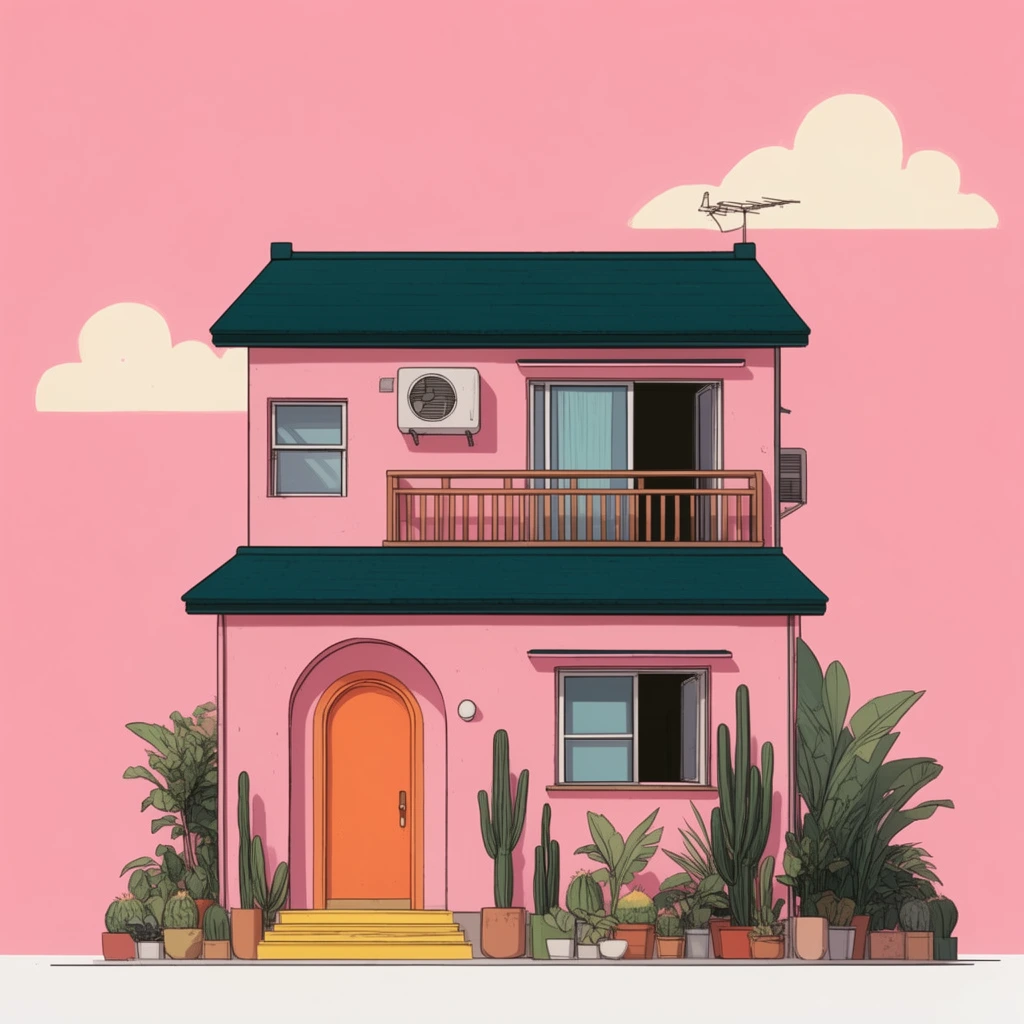 A two-story pink house with dark teal roofs stands against a solid pink sky featuring two stylized cream clouds. The ground level highlights an orange arched door, yellow steps, and clustered potted cacti and tropical plants. The upper floor contains a wooden balcony, open window, air conditioner, and roof antenna. This flat 2D digital illustration employs crisp black linework, a straight-on architectural elevation, and a pastel color palette, showing the building resting on a minimal white base.
