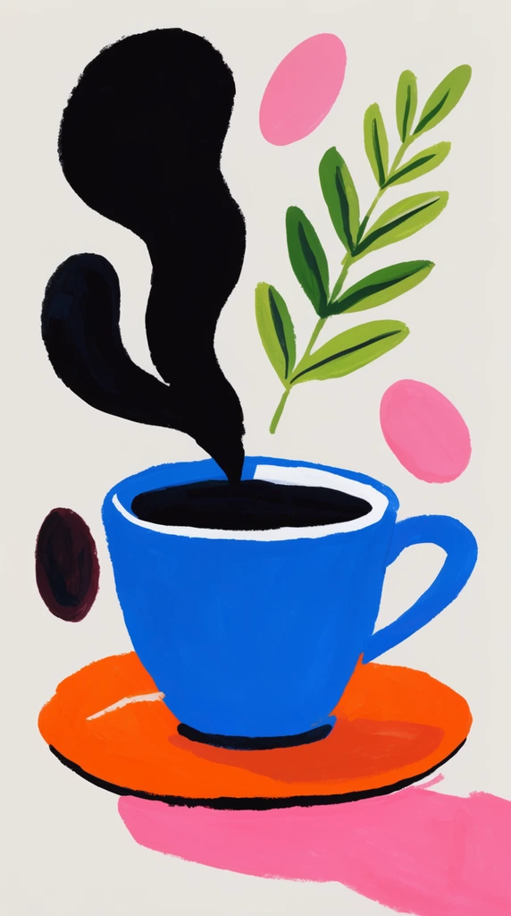 bright blue coffee cup on an orange saucer, abstract black steam, floating green botanical sprig, dark and pink floating ovals, flat gouache illustration, bold colors, rough edges, pink cast shadow, off-white background