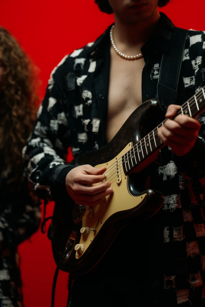 A medium close-up of a musician playing a dark electric guitar with a cream pickguard. The guitarist wears an open black shirt with white distressed patchwork and a pearl necklace over a bare chest. Their hands grip the fretboard and strings. A blurred figure with long curly hair appears on the left edge. The background is a solid, vibrant red. Cinematic lighting casts deep shadows on the clothing, and a shallow depth of field sharply isolates the guitar and the musician's torso.