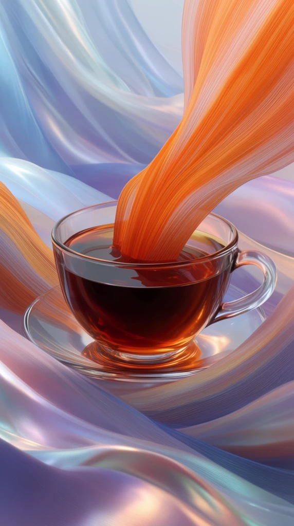 A clear glass teacup filled with dark amber liquid sits surrounded by surreal, flowing ribbons. A vibrant orange, striated ribbon cascades downward, dipping directly into the cup's liquid. The background and foreground are consumed by sweeping, translucent waves of fabric-like material in soft metallic blues, pale purples, and shimmering oranges. These ribbons feature fine parallel textures. The composition uses soft, ethereal lighting to highlight the glossy glass and luminous, abstract environment in a polished 3D rendered style.