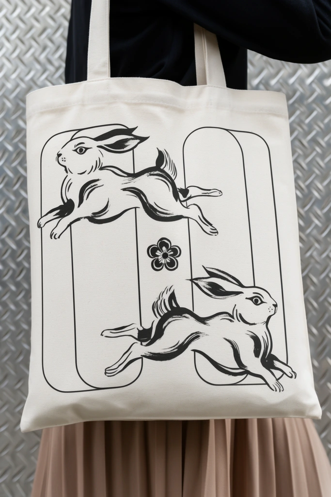off-white canvas tote bag held against a person, bag printed with black line art, two stylized rabbits leaping outward in opposite directions, traditional Asian ink brush painting aesthetic, small central flower motif, vertical rounded rectangular outlines, person wearing a light brown pleated skirt and dark top, industrial background, silver metal wall with raised diamond plate texture, soft canvas contrasting with hard steel, product photography, close-up framing, flat even lighting