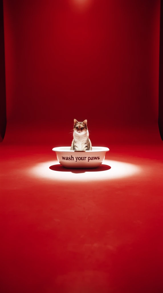 A cat sitting on a sink displaying the text "wash your paws", centered within a vast, continuous expanse of highly saturated, deep crimson red. A stark, intensely bright spotlight illuminates the cat and sink from above, casting a tight, glowing white pool of light immediately around the base of the sink and projecting sharp, dramatic shadows. The surrounding environment consists of a seamless, smooth red studio floor receding into a gently shadowed red background wall, dominating the composition with immense open space. The visual execution utilizes extreme high contrast, a macro-photography aesthetic, and hyper-realistic sharp focus, isolating the brightly lit subjects as a meticulously detailed focal point against the expansive, monochromatic red studio backdrop.