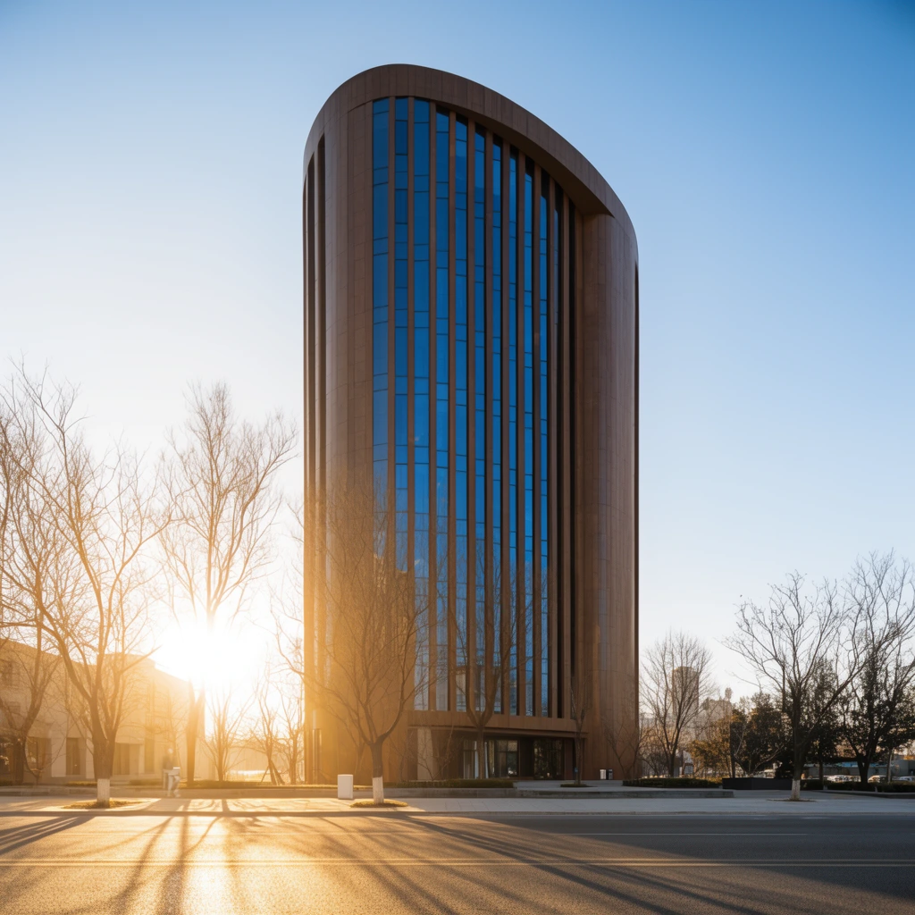tall modern curved building with brown cladding and vertical blue glass panels, wide asphalt street, bare trees casting long golden hour shadows, bright sun glare, clear blue sky