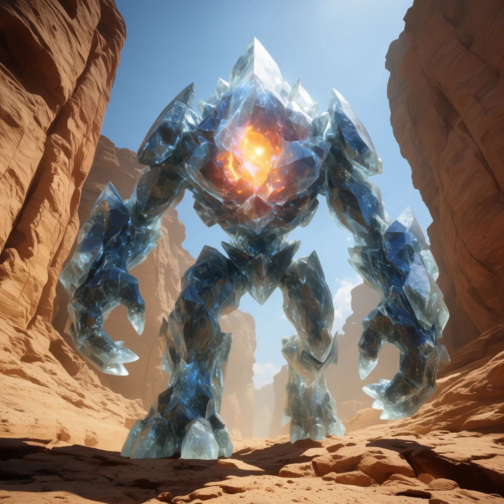 Massive quadrupedal crystalline golem, glowing core, standing between towering sandstone canyon walls, bright midday sun, clear sky, cinematic low angle, monumental scale