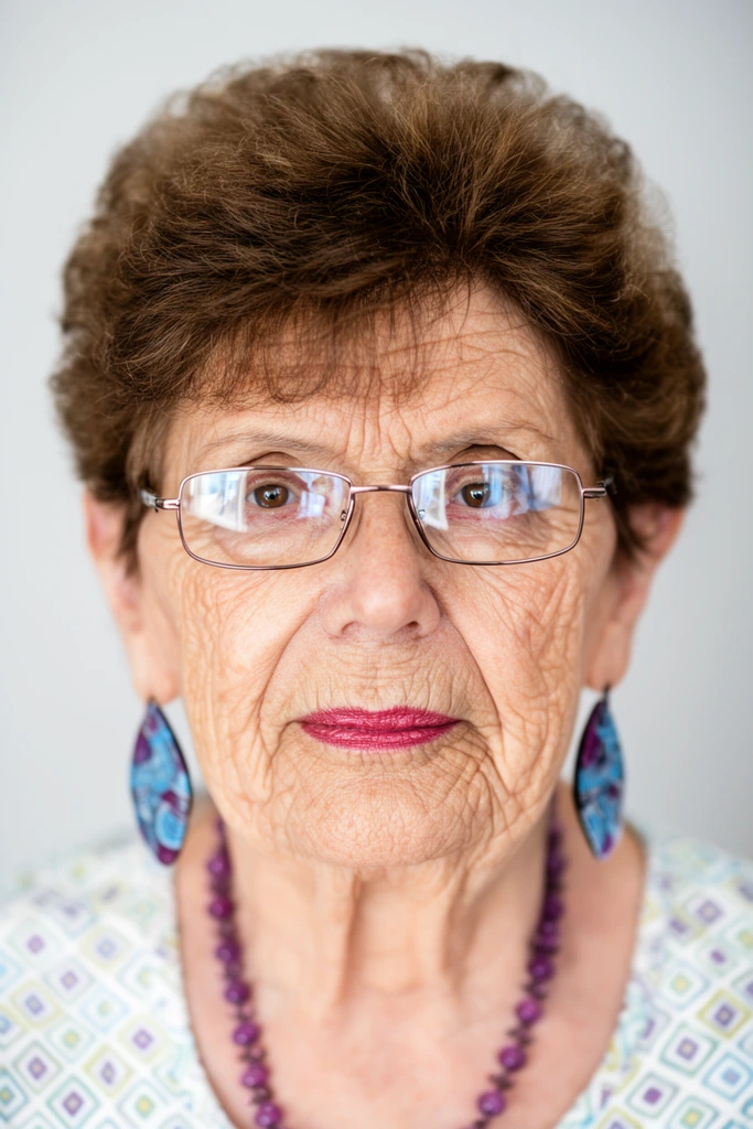 A close-up studio portrait of an elderly woman looking directly at the camera against a plain light gray background. She has deep facial wrinkles, short voluminous brown hair, and thin rectangular glasses reflecting a window. Her neutral expression is accented by berry-pink lipstick. She wears patterned blue and purple teardrop earrings, a purple beaded necklace, and a light top with a geometric diamond print. Bright, even lighting highlights her detailed skin texture, while a shallow depth of field sharply focuses on her eyes and softly blurs her ears and shoulders.