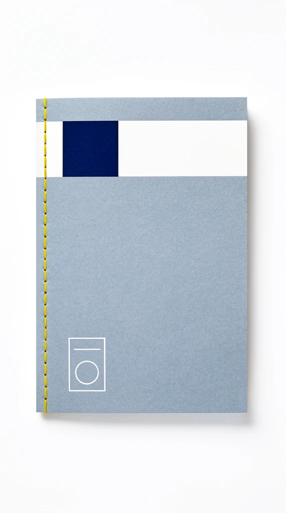 A minimalist rectangular booklet resting on a stark white background with a subtle drop shadow. The textured light blue-grey cover features a crisp white horizontal band across the top, anchored by a solid navy blue square in the upper left corner. The spine on the left edge is bound with exposed, vibrant yellow stitching in a simple dashed pattern. A small white geometric graphic of a circle and line inside a rectangle appears near the bottom left corner. Crisp, high-key studio lighting emphasizes the matte paper finish and precise color-blocked graphic design.