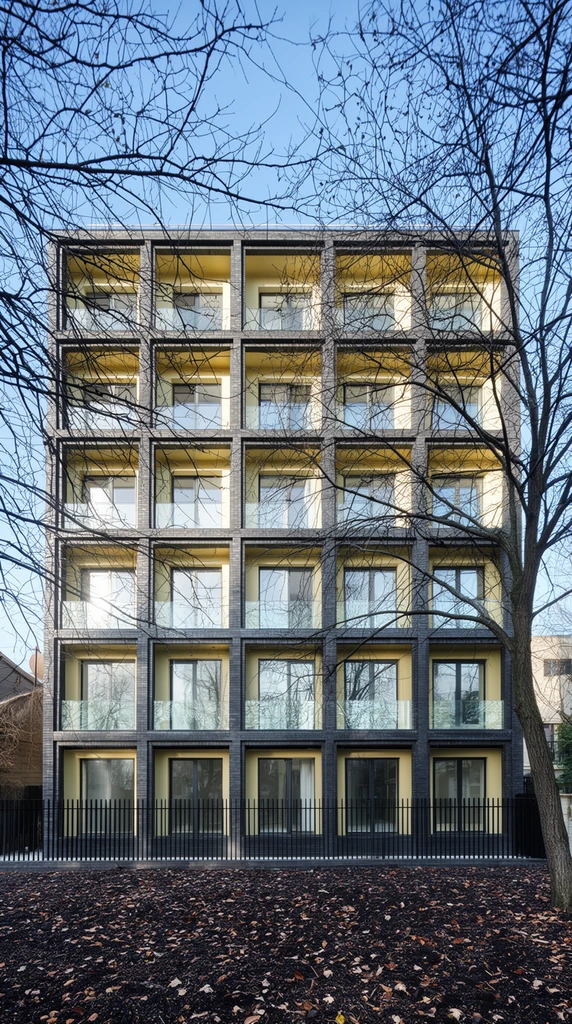 modern six-story building, strict geometric grid facade, dark grey brick framework, pale yellow recessed walls, large glass windows, transparent balcony railings, black metal ground fence, framed by foreground barren trees with intricate dark branches, dark soil covered in fallen brown leaves, clear light blue sky, bright daylight, architectural photography