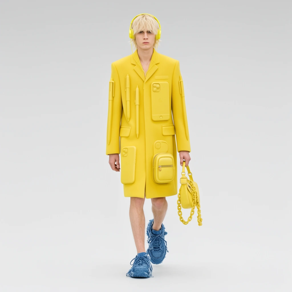 A male model walks forward against a seamless light grey studio backdrop wearing an avant-garde, bright yellow knee-length coat. The tailored garment features sculptural 3D embossed shapes of everyday objects like a smartphone, pens, and a small zippered pouch integrated into the yellow fabric. He sports shaggy blonde hair, matching yellow wired headphones, and carries a yellow handbag with a chunky chain strap. Textured, frayed blue denim sneakers provide a sharp color contrast. Bright, even lighting highlights the surrealist utilitarian design in this straight-on high-fashion shot.