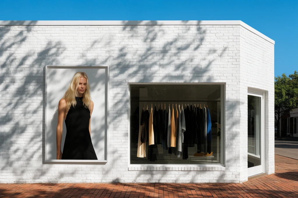 minimalist white brick storefront on a sunny corner, large exterior poster of blonde woman in black dress, display window with hanging garments, dappled tree shadows across the white facade, brick sidewalk, clear blue sky