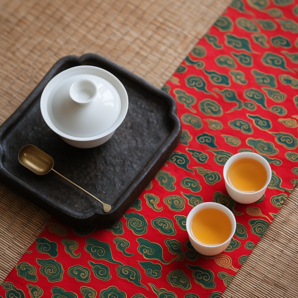 A top-down still life of a traditional tea service featuring a white porcelain lidded bowl and brass scoop on a dark textured tray. Two small white cups of golden-amber liquid rest on a vibrant red fabric runner patterned with green and gold clouds, all arranged on a woven tan bamboo mat under soft natural light.