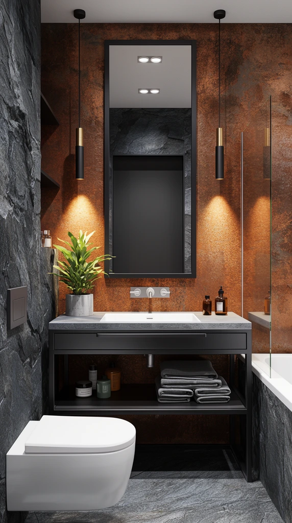 A modern industrial bathroom featuring a sleek open vanity with a matte black metal frame, grey stone countertop, and white rectangular sink. A tall black-framed mirror hangs above, flanked by cylindrical black and brass pendant lights casting warm directional cones against a heavily textured, oxidized copper-toned accent wall. A wall-mounted white toilet sits against rugged dark grey stone on the left. The vanity holds a green plant in a concrete pot, amber glass bottles, and a lower shelf stacked with folded grey towels and bath products. A clear glass partition borders a white bathtub on the right. The straight-on architectural perspective emphasizes the high-contrast textures of cool slate and warm metallic surfaces under precise interior lighting.