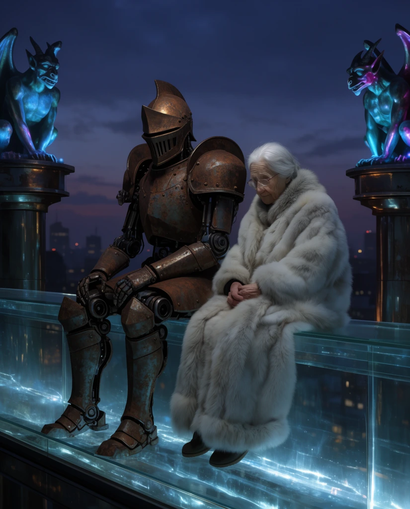 A towering robotic knight in rusted bronze armor sits beside an elderly woman wrapped in thick white furs on a glowing glass railing at twilight. The duo rests thoughtfully, looking down. Neon-lit gargoyles flank them on metallic pedestals against a dark cityscape. The scene features cinematic, moody lighting with cool blue shadows and warm ambient glows.