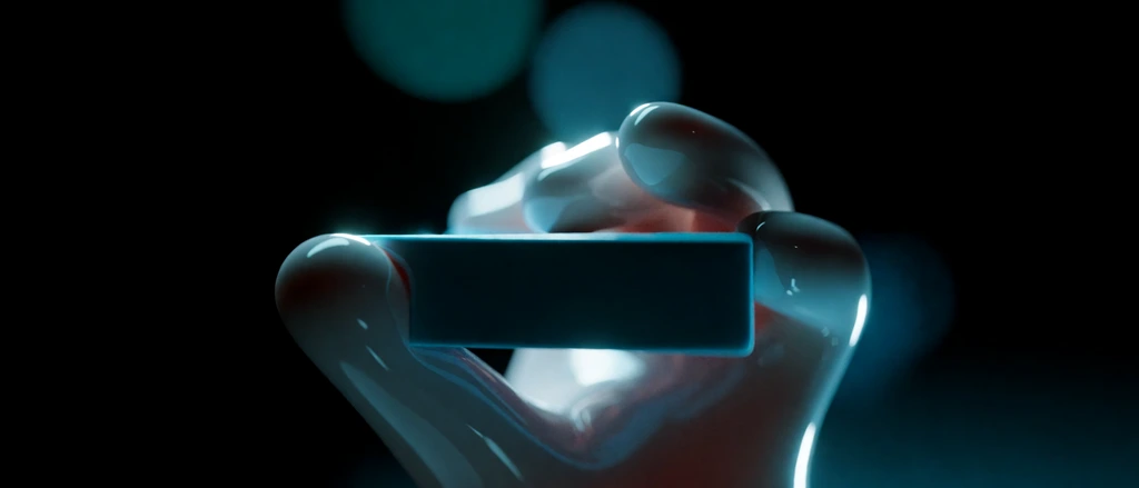 A stylized, glossy hand grasps a small rectangular block in a dramatic close-up. The smooth, rounded fingers resemble polished plastic, gleaming with bright specular highlights. Cool cinematic lighting bathes the 3D-rendered composition in deep cyan and teal hues, catching the edges of the flat dark object. The background falls away into a pitch-black void, accented by large, blurred circular bokeh flares in soft teal near the top. A shallow depth of field isolates the slick, reflective texture of the hand, creating a moody, monochromatic atmosphere.