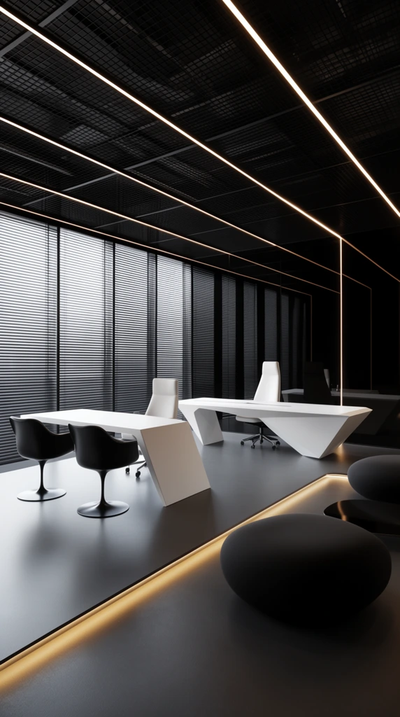 A sleek, ultra-modern minimalist office interior defined by high-contrast geometric precision. Sculptural white desks with asymmetrical edges stand alongside tall executive chairs, black tulip-base guest chairs, and pebble-like black ottomans on a dark grey floor with illuminated golden edges. Floor-to-ceiling windows are covered by horizontal black blinds. A dark industrial grid ceiling is intersected by striking, warm-toned linear light strips. Reflective black walls enhance the depth of this hyper-realistic architectural rendering, emphasizing dramatic lighting and sharp perspective.