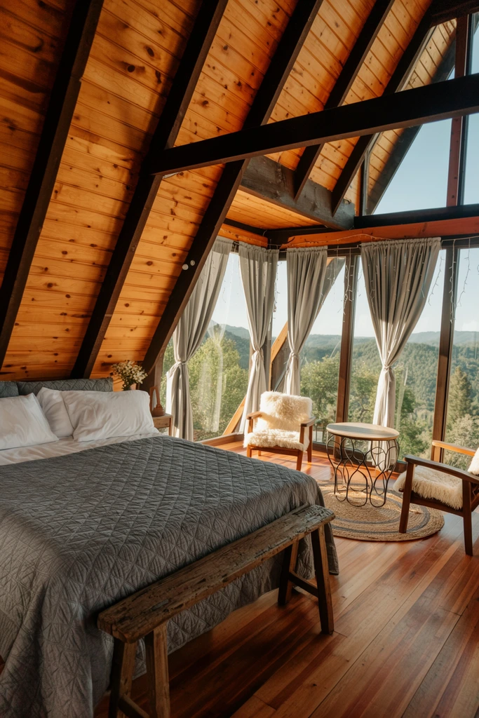Interior of a rustic A-frame cabin bedroom bathed in warm natural sunlight. The architecture features a steeply pitched ceiling clad in warm pine boards and heavy dark brown exposed structural beams. A large bed with a grey quilted spread and white pillows occupies the left, paired with a distressed wooden bench. On the right, a seating nook includes two wooden armchairs with fluffy white cushions and a round metal-based table on a woven circular rug. Expansive floor-to-ceiling windows, framed by tied-back light grey curtains and delicate string lights, wrap the exterior walls, revealing a sweeping panoramic view of green forested hills under a clear sky.