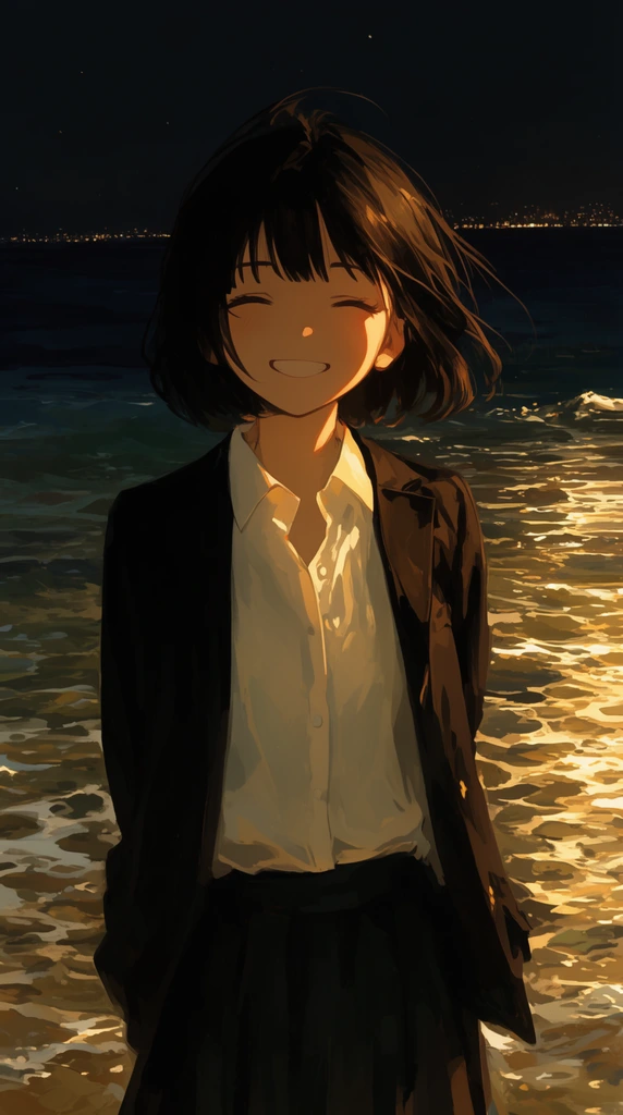 Anime-style digital painting of a smiling girl with dark hair by the ocean at night. She wears a white shirt and dark jacket. Golden side-lighting illuminates her face and the rippling water, with distant city lights on the dark horizon.