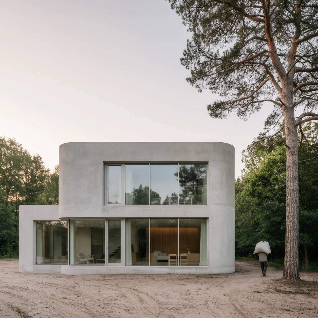 A modern, two-story concrete house with rounded corners and expansive glass windows sits in a sandy clearing surrounded by trees. The minimalist architecture features a flat roof and smooth pale grey walls, with floor-to-ceiling panes revealing a sparsely furnished interior with warm wooden accents on the ground floor. To the right, a towering mature pine tree with textured bark frames the structure, while a figure carrying a large white sack walks away from the camera toward the foliage. The foreground consists of bare sandy soil marked with faint tire tracks, contrasting with the lush green canopy in the background, all captured under a soft, diffused pale sky typical of serene architectural photography.