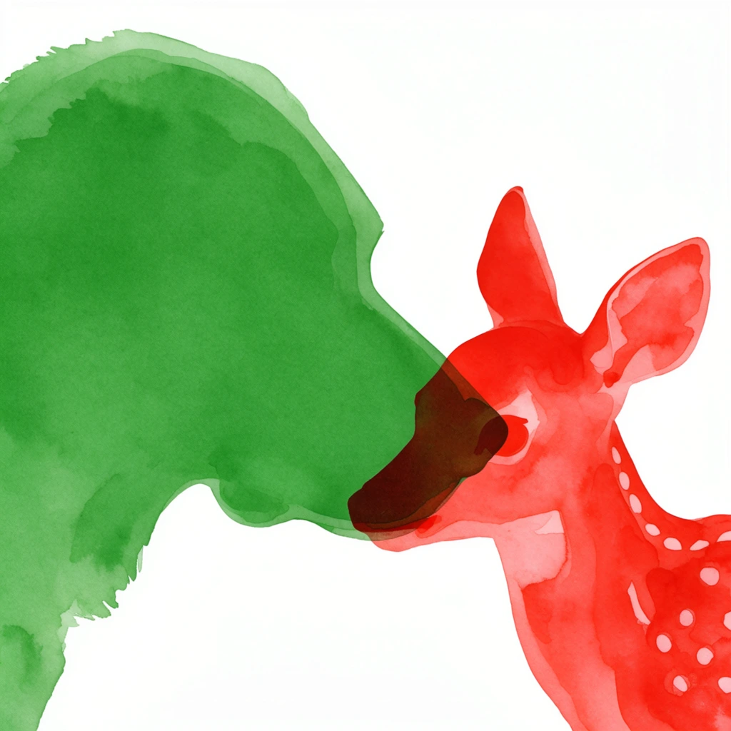 A large dog head on the left faces a small spotted fawn head on the right, rendered as overlapping, semi-transparent watercolor silhouettes against a stark white background. The massive canine profile dominates the left side, painted in a flat, vibrant wash of translucent green watercolor. On the right, the delicate profile of a young fawn is depicted in an equally translucent, bright red watercolor wash, featuring small circular voids throughout its shape to represent spots. The two distinct animal profiles are positioned close together, facing inward. Where the snout of the dog and the face of the fawn intersect, the transparent red and green pigments overlay to create a dense, dark maroon-brown multiply blending effect. The silhouettes are defined entirely by their vividly colored washes and intersecting geometries, utilizing solid filled shapes to form the subjects. The outer contours of both animal heads feature subtle, feathered brushstrokes and organic color bleeding characteristic of wet ink media. The overlapping animal shapes float centrally within a pure white expanse. The minimalist graphic composition relies on the striking contrast of the highly saturated complementary colors against the vast white negative space, emphasizing the double-exposure transparency effect of the bold, painterly shapes.
