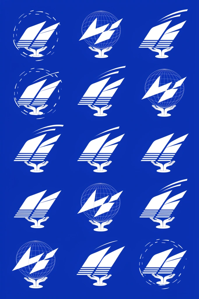 A solid cobalt blue background displays a structured grid of crisp white abstract geometric emblems. The flat, retro-futuristic designs feature variations of sharp intersecting diagonal forms combined with dynamic graphic elements. These variations include the central angular shapes overlapping a delicate wireframe globe, morphing into thick slanted blocks segmented by horizontal parallel stripes, and resting on a small pedestal cradled by two slender stylized hands. Additional designs show the sharp forms trailing with sweeping curved motion lines or enclosed within a fragmented, dashed circular orbit.