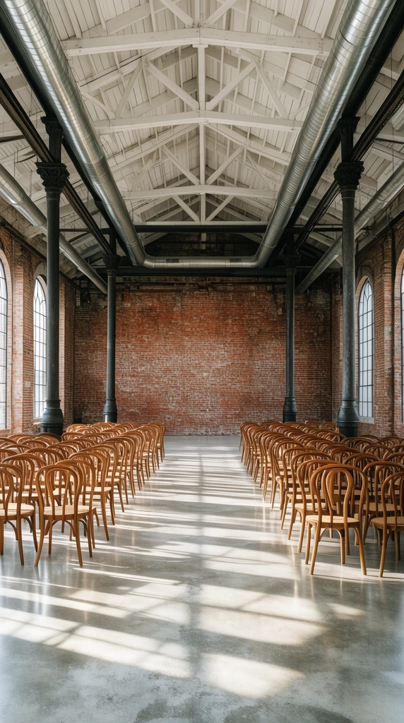 A luminous industrial event hall features symmetrical rows of curved wooden chairs on a polished concrete floor. A wide central aisle approaches an exposed red brick wall. Dark cast-iron columns support a high ceiling with white trusses and metal ducts. Sunlight from arched windows casts long geometric shadows across the room.