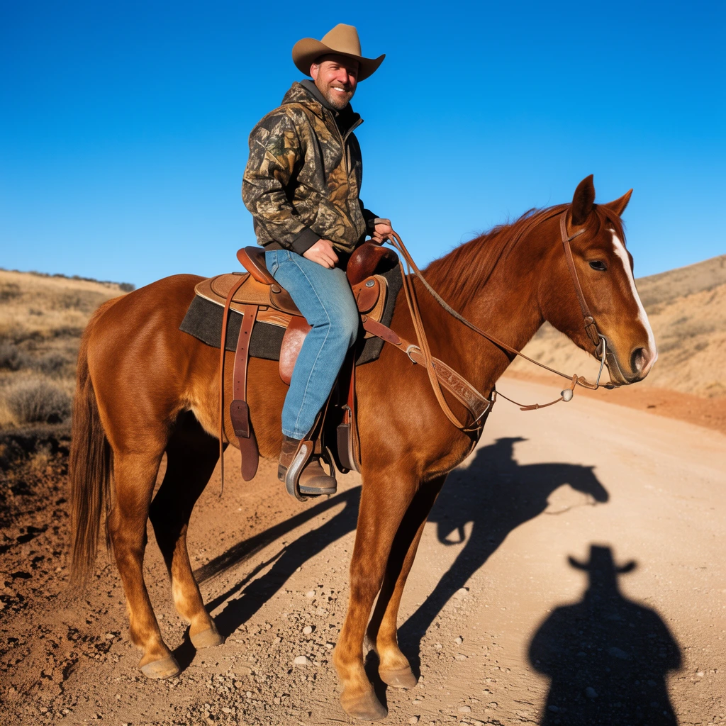 Man in camo jacket riding chestnut horse on sunlit dirt road, western saddle, clear blue sky, arid hills, shadow of photographer with cowboy hat