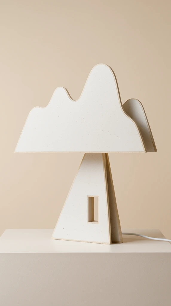 minimalist abstract sculptural lamp, matte off-white flat cutout material with subtle speckles, stylized wavy mountain-shaped top shade, asymmetrical triangular base with a small rectangular cutout, exposed raw edges, white electrical cord trailing right, pale display plinth, seamless warm beige background, soft diffused studio lighting, contemporary geometric design, muted monochromatic cream palette