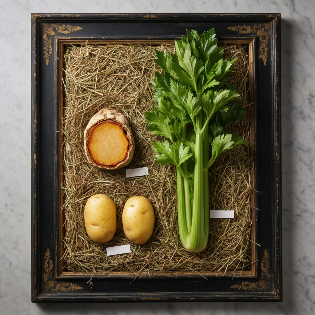 A top-down still-life composition framed within a distressed black wooden picture frame with faded gold filigree corners, resting on a veined light grey marble surface. The frame's interior is densely packed with dry, golden-brown hay, creating a rustic bed for a curated display of vegetables. A large, vibrant green stalk of leafy celery extends vertically down the right side. On the middle left rests a cross-section of a baked root vegetable encased in a thick, crusty shell, revealing a smooth, warm golden interior. Below it sit two whole, unpeeled pale yellow potatoes. Small rectangular white paper slips are tucked into the hay beside each botanical specimen. Soft, directional studio lighting highlights the crisp foliage, coarse hay, and smooth vegetable skins, casting gentle shadows to the left in a highly textured culinary presentation.