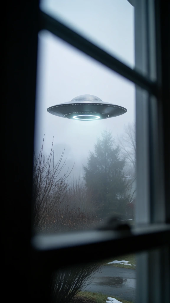 A moody, cinematic scene shows a classic flying saucer hovering silently outside a house window on a foggy day, as if the viewer has just glanced up from indoors and caught an impossible object suspended over a wintery yard. digital photorealistic concept art, cinematic sci-fi still, soft-focus environmental storytelling, atmospheric realism, minimalist composition, eerie suburban alien encounter, understated suspense, dreamlike, liminal, highly polished VFX-style render, moderate visual complexity, adjacent to Denis Villeneuve mood, Greg Rutkowski realism, Simon Stålenhag suburban sci-fi atmosphere, cool desaturated palette, blue-gray, teal, muted black, fog white, dim cyan glow, low-key lighting, soft exposure, gentle highlights, medium contrast, shallow depth of field, indoor framing, natural haze, slight bloom around light source, no visible noise, no obvious distortion, no text, no watermark
The image is vertically framed and dominated by dark, out-of-focus window structure in the foreground, creating a voyeuristic tunnel effect. A thick black window edge runs down the entire left side, occupying roughly one fifth of the frame. Another dark vertical window frame borders the right side, narrower but equally blurred. Across the upper portion, a diagonal dark beam cuts from upper left toward upper right, suggesting the top sash or inner frame. Near the bottom, a soft dark horizontal strip forms the lower edge of the window opening. Through this narrow central view, the outdoors appears cold and misty. In the middle upper-center hovers the UFO, slightly above the image midpoint: a metallic disc with a domed top, smooth gunmetal surface, and a thin rim dotted with tiny white lights. On its underside, a bright circular cyan-white light glows from the center, forming concentric rings and a faint halo in the fog. The saucer is nearly perfectly level, floating above the treeline. Below it, the yard contains leafless shrubs and bare branches rising from the lower left and center. A taller evergreen stands slightly right of center, softened by haze. The background fades into pale gray mist, obscuring distant details. At the very bottom center-right, a patch of wet ground or driveway reflects muted light, with small remnants of snow near the edges. The overall feeling is quiet, uncanny, and intimate, like witnessing a UFO from the safety of indoors just before something happens.