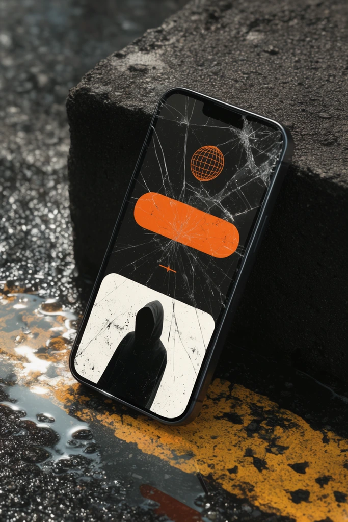 A modern smartphone with a shattered glass screen leans diagonally against a dark, porous concrete block. The illuminated display shows a grungy graphic interface featuring an orange pill-shaped element, a small orange globe, and a white lower panel containing a black silhouette of a hooded figure. Spiderweb fractures radiate across the glassy surface. The objects rest on rough asphalt marked with a heavily worn yellow stripe. Puddles on the wet ground catch bright reflections, emphasizing the gritty texture of the pavement. Cinematic, high-contrast lighting casts deep shadows while highlighting the glossy cracks of the screen and the damp urban environment.