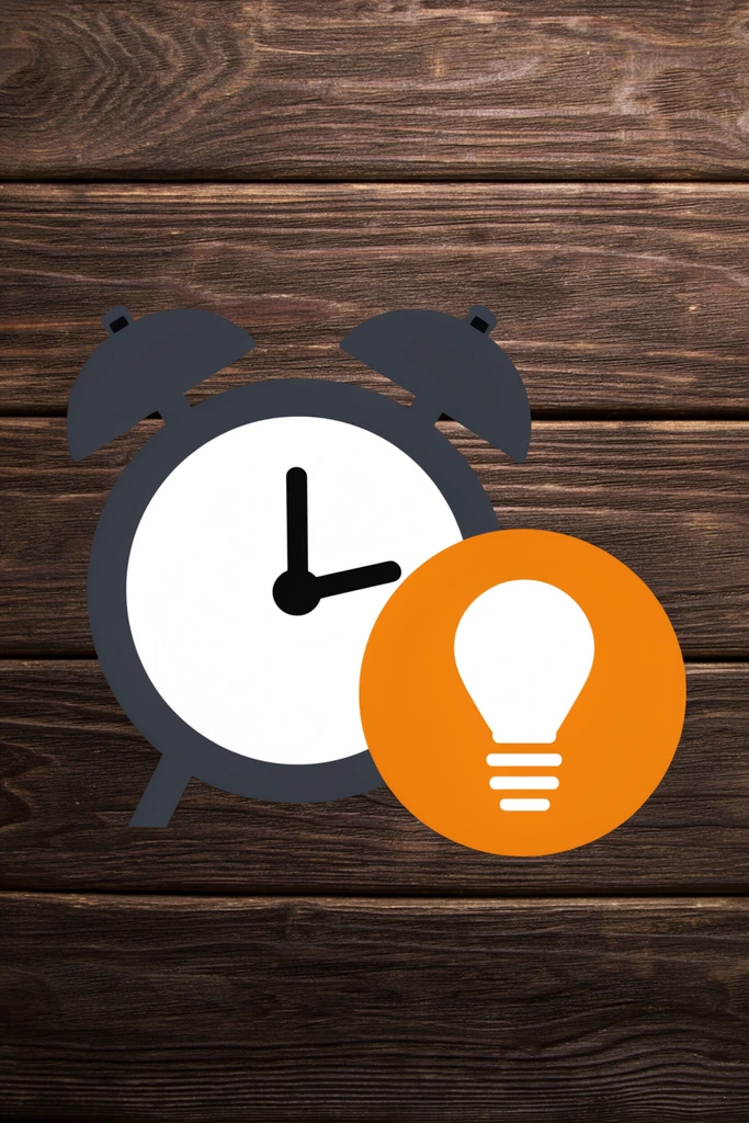 A flat vector graphic of a dark grey twin-bell alarm clock with a stark white face and simple black hands positioned beside a solid orange circle framing a minimalist white lightbulb icon. These crisp, two-dimensional digital elements overlay a photorealistic background of horizontal dark brown wooden planks. The rustic wood displays rich, organic grain textures and subtle shadows, establishing a sharp visual contrast against the smooth, unshaded geometric shapes of the modern foreground.