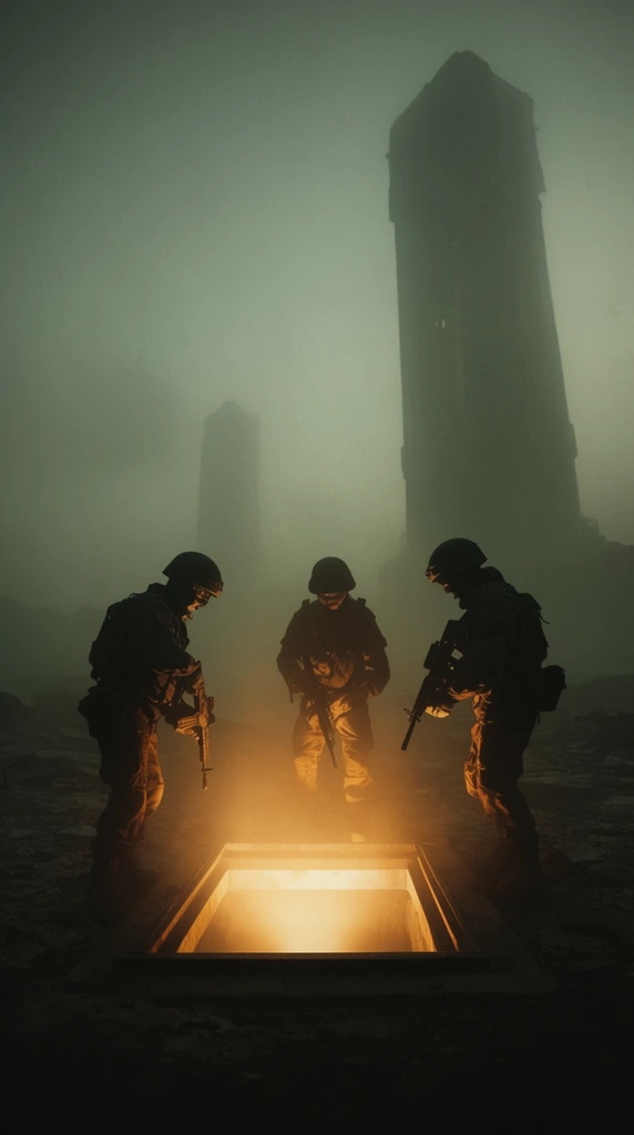 three silhouetted soldiers in combat helmets encircling a glowing rectangular ground hatch, intense warm light beaming upward underlighting their exploration gear, thick greenish-grey fog, desolate terrain, massive shadowy monolithic towers looming in the distant mist, eerie atmospheric lighting, extreme contrast, cinematic wide shot