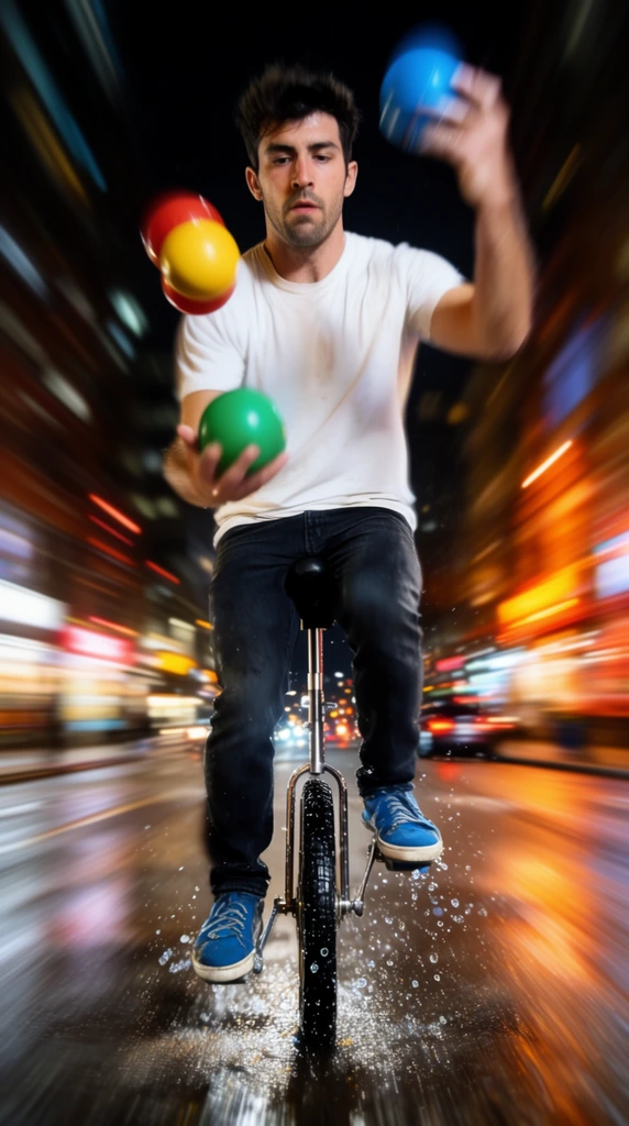 Man juggling red, yellow, green, and blue balls on a unicycle, wearing a white t-shirt and dark jeans, blue sneakers, concentrated expression, empty city street at night, intense radial motion blur, streaking city lights, dynamic zoom effect, frozen water droplets around the single wheel, low angle action photography, hyper-kinetic energy