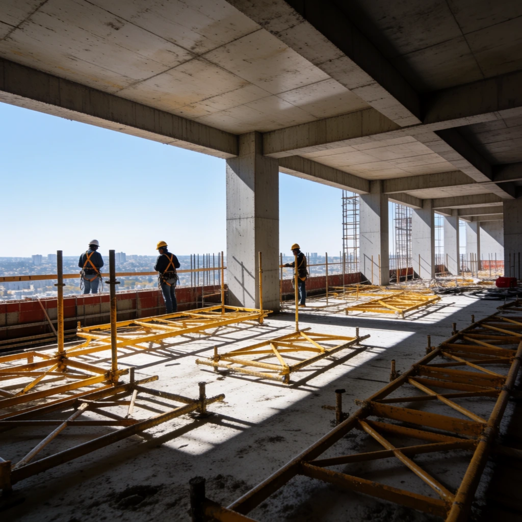 unfinished high-rise construction site, wide angle perspective, scattered bright yellow metal scaffolding frames covering a rough concrete floor, thick concrete pillars and ceiling casting deep geometric shadows, construction workers in hard hats and safety harnesses standing near an open ledge, bright clear blue sky framing a distant sunlit cityscape, bright natural daylight, high contrast industrial photography