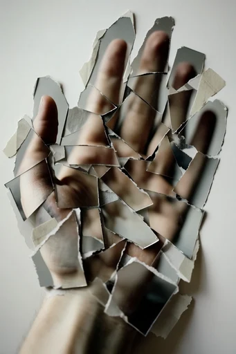 Fragmented Tactile Realism style reference image — layered dimensional composition