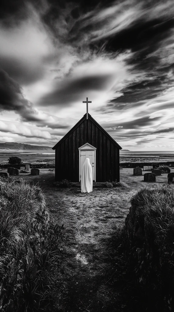 A high-contrast black-and-white photograph centering on a small, dark wooden chapel with a pitched roof and simple cross. A figure entirely draped in flowing light fabric stands directly before the building's white door. A worn dirt path, framed by steep overgrown grassy embankments in the extreme foreground, leads straight to the chapel. Scattered stone grave markers sit in the surrounding yard. The atmospheric landscape features a vast coastal plain and distant mountains under a dramatic sky filled with sweeping, dynamic clouds, creating a moody, highly symmetrical composition.
