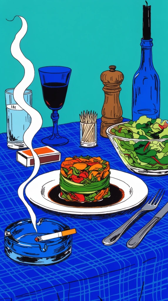 A vibrant pop-art still life of a dining table draped in a vivid blue plaid cloth against a turquoise background. A central plate presents a towering culinary stack of orange and red ingredients bound by green vegetable ribbons in a dark sauce. A lit cigarette in a chunky blue glass ashtray releases a stylized twisting plume of white smoke. The tablescape includes a tall water glass, a stemmed blue glass of dark wine, a glass bowl of green salad, a matchbox, toothpicks, a wooden pepper mill, and a blue bottle holding a black candle, all defined by bold black ink outlines and flat, saturated colors.