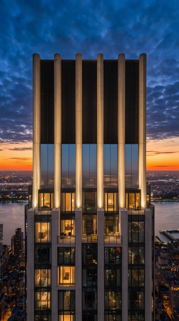 A symmetrical architectural photograph captures the monumental upper facade of a modern skyscraper at twilight. Six towering vertical concrete pillars are dramatically illuminated by warm uplighting, separated by dark louvered panels and a central band of smooth reflective glass. Directly below, multi-story glass-walled penthouses display warmly lit interiors and recessed balconies. The elevated structure overlooks a sweeping panoramic backdrop of a wide river and a sprawling cityscape dotted with glowing lights. The dramatic sky transitions from a fiery orange horizon to a deep blue canopy of textured clouds, emphasizing the stark contrast between the rigid geometric architecture and the vibrant atmospheric environment.