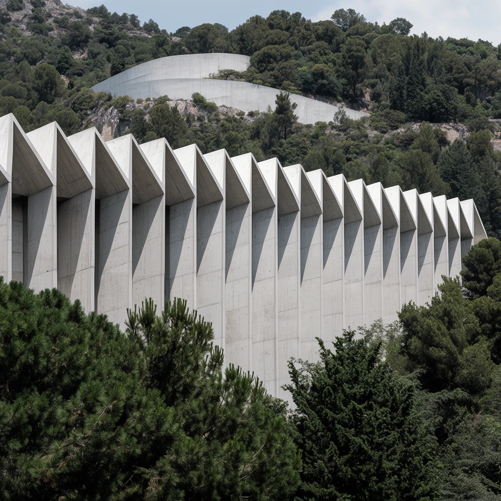 A massive brutalist concrete structure with a repetitive geometric facade stretches horizontally across a dense, tree-covered hillside. The pale gray edifice features a striking sawtooth roofline of triangular peaks that cast deep angular shadows into vertical recesses below. Lush dark green coniferous trees heavily frame the foreground. On the rugged background ridge, a smooth, curving concrete wall cuts across the landscape, contrasting the stark megastructural geometry with organic foliage under bright daylight.