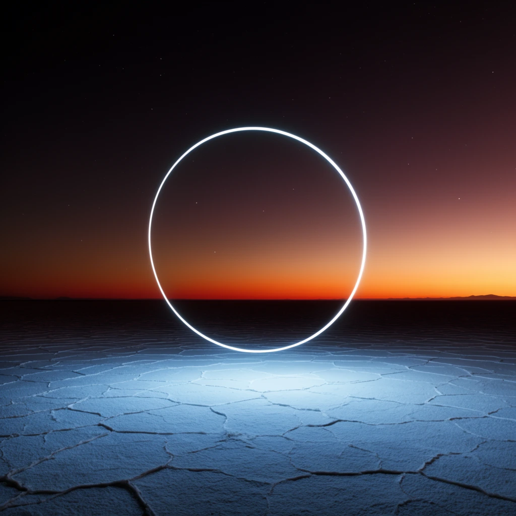 Floating glowing white ring over cracked polygonal salt flats, cool blue illuminated foreground, dark twilight sky fading to vibrant orange horizon, faint stars, minimalist surreal landscape