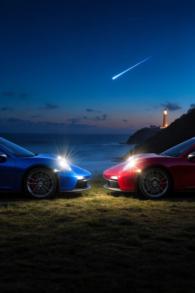 Two sleek sports cars, blue and red, face each other in profile on a grassy cliff. Their headlights cast dramatic starburst lens flares. Behind them lies a twilight ocean, a distant glowing lighthouse on a dark headland, and a deep blue night sky crossed by a shooting star. Symmetrical, cinematic composition.