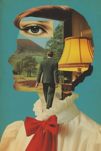 Surreal Mid-Century Montage style reference image — torn paper edges